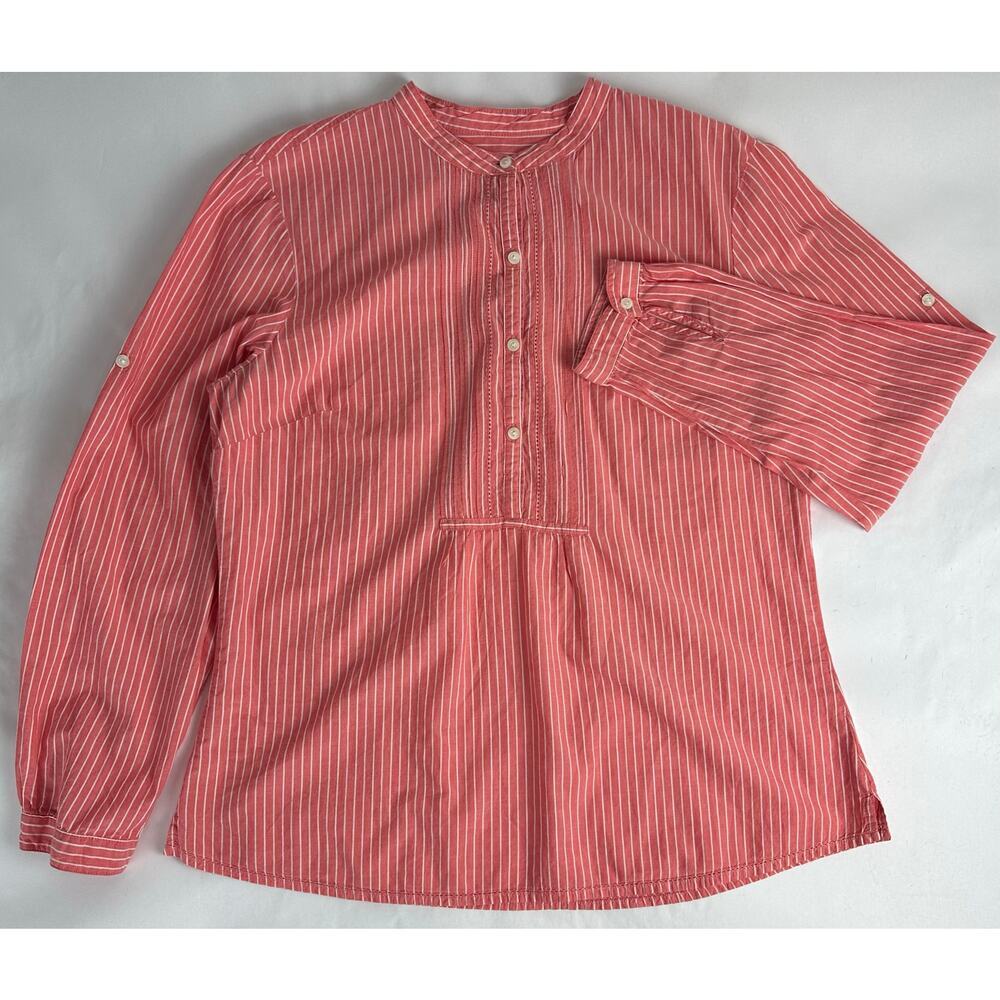 L.L. Bean Cotton Salmon Pink Stripe Roll Tab Tunic Shirt Nautical Coastal Large